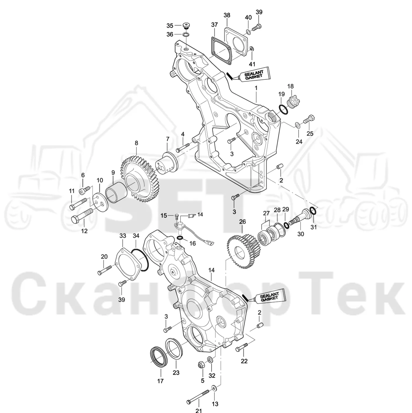 Схема: Valmet / Форвардер / Valmet 840.3 / Valmet 840.3 Ch. 311174- / Valmet 840.3 Ch. 311174- / Каталог запасных частей / Двигатель / Двигатель 312060- / Блок двигателя / Корпус редуктора