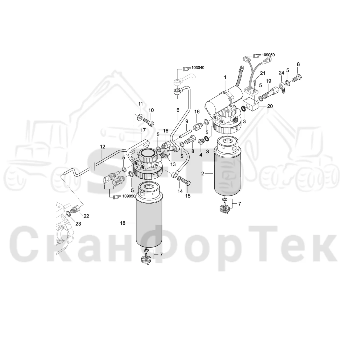 Схема: Valmet / Лесозаготовительные машины / Valmet 901.3 / Valmet 901.3 Ch. 311191- / Valmet 901.3 Ch. 311191- / Каталог запасных частей / Двигатель / Двигатель 311413- / Топливная система / Топливный фильтр