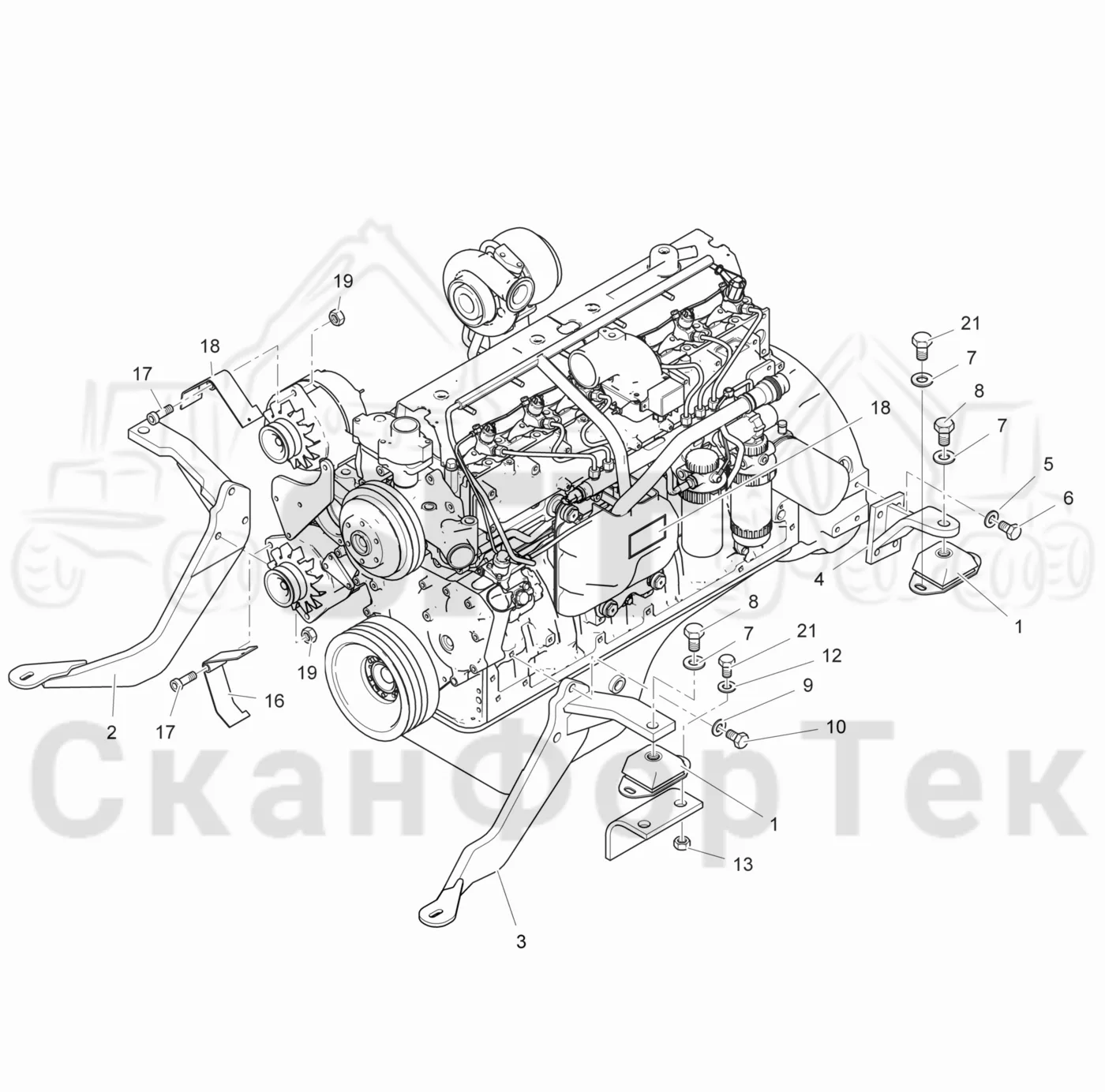 Схема: Valmet / Лесозаготовительные машины / Valmet 901.3 / Valmet 901.3 Ch. 311191- / Valmet 901.3 Ch. 311191- / Каталог запасных частей / Двигатель / Двигатель -311345 / Установка двигателя / Установка двигателя
