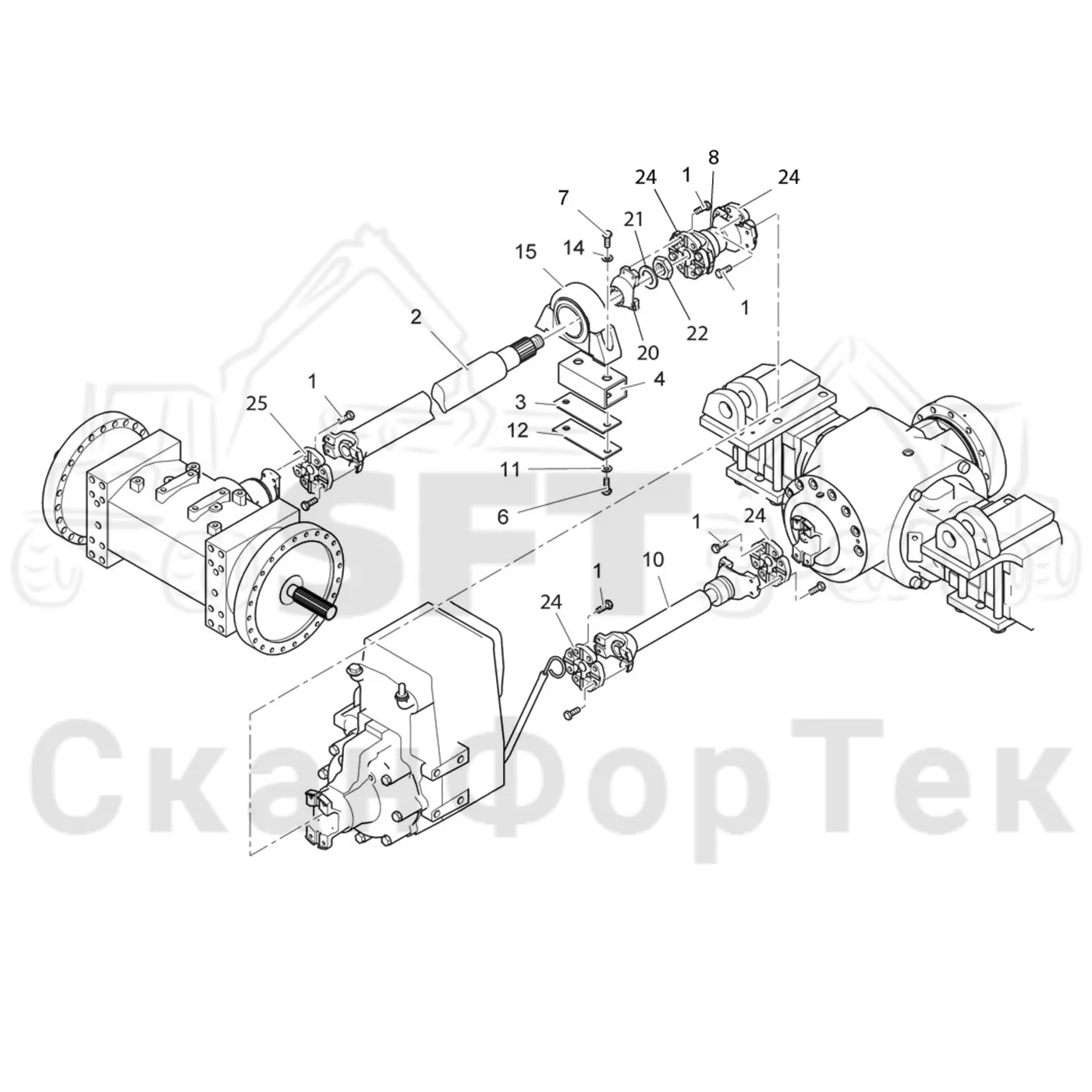 Схема: Valmet / Лесозаготовительные машины / Valmet 901.2 / Valmet 901.2 Ch. -211060 / Valmet 901.2 Ch. -211060 / Каталог запасных частей / Коробка передач / Силовая трансмиссия / Поезд с приводом 6-ти колесный