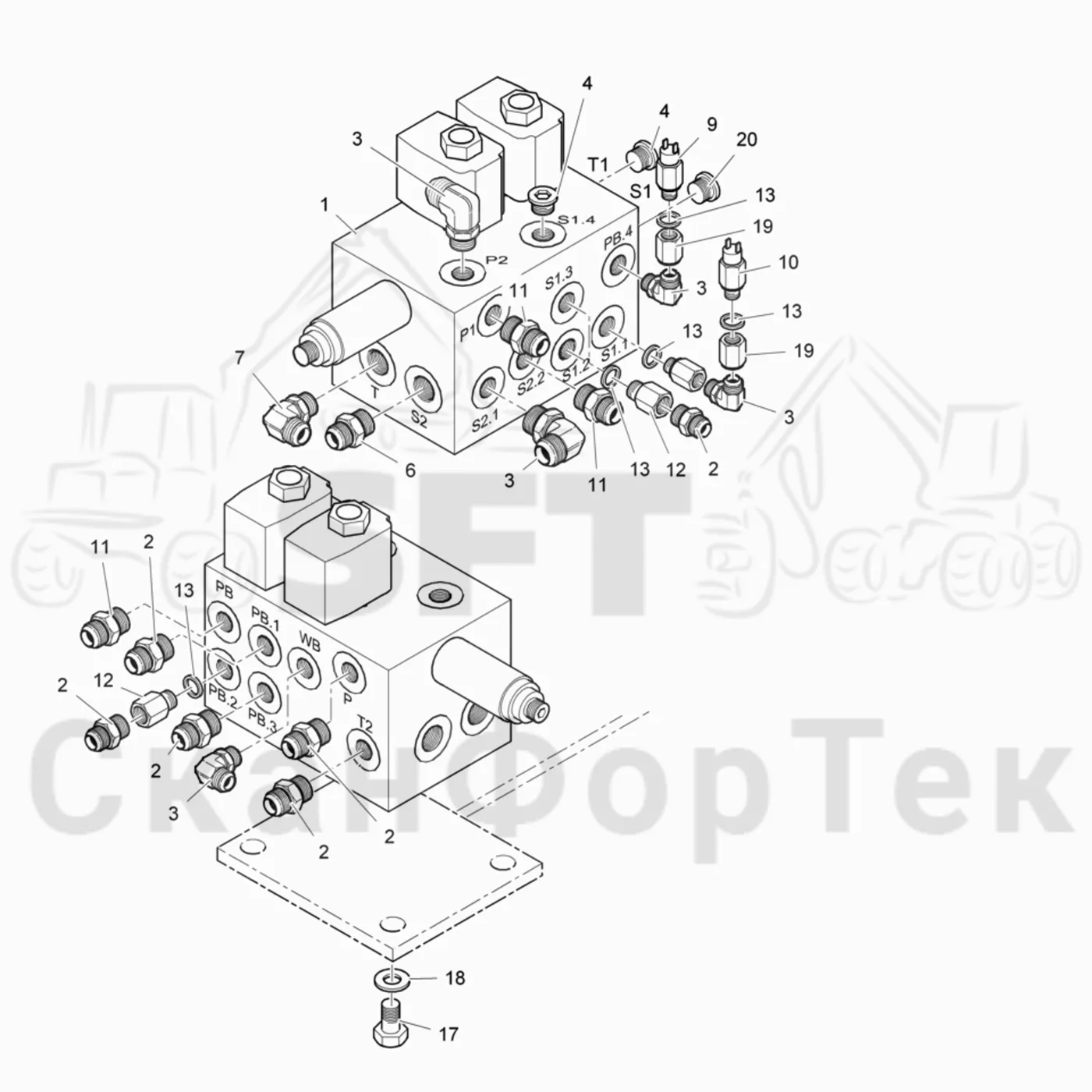 Схема: Valmet / Лесозаготовительные машины / Valmet 901.4 / Valmet 901.4 / Каталог запасных частей / Тормоза / Тормоза на 4 колеса / Блок клапанов, тормоза