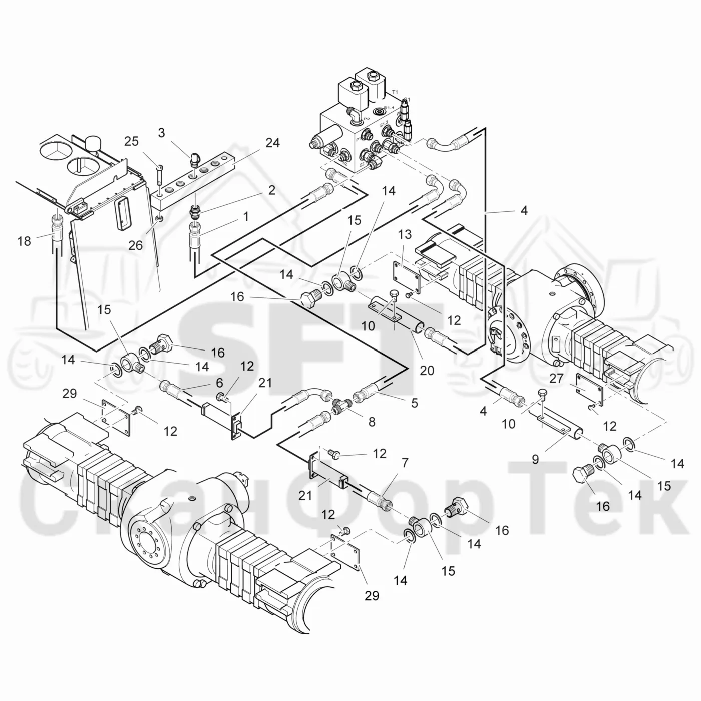 Схема: Valmet / Лесозаготовительные машины / Valmet 901.4 / Valmet 901.4 / Каталог запасных частей / Тормоза / Тормоза на 4 колеса / Гидравлический привод тормозов на 4 колеса