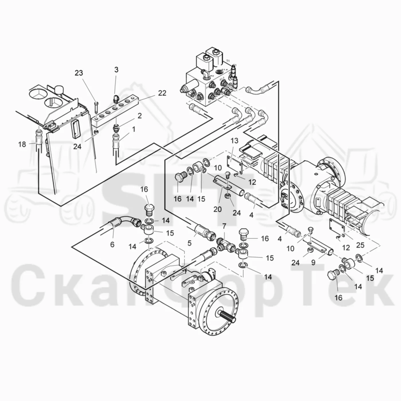 Схема: Valmet / Лесозаготовительные машины / Valmet 901.4 / Valmet 901.4 / Каталог запасных частей / Тормоза / Тормоза на 6 колес / Полноприводная тормозная система на 6 колес гидравлика
