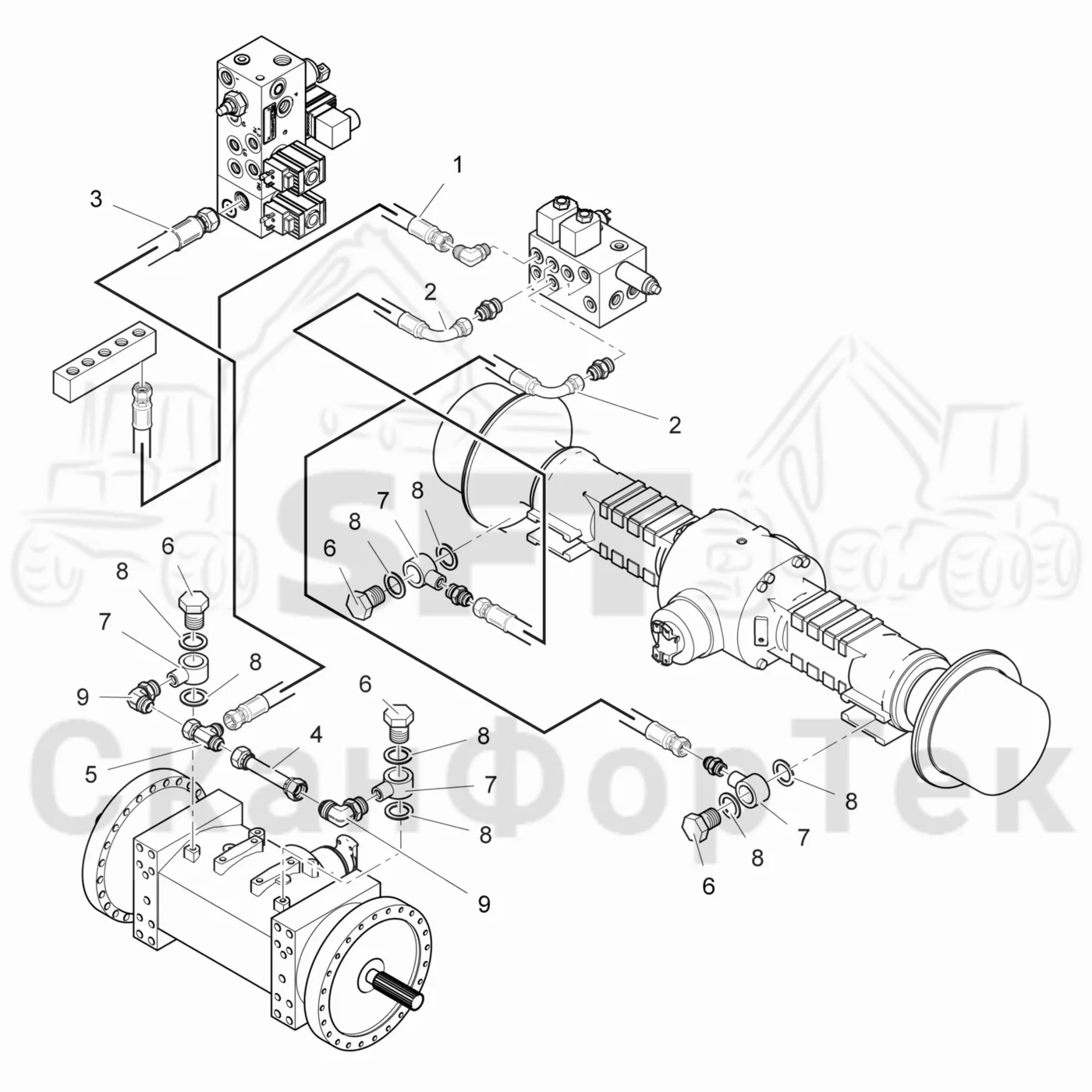 Схема: Valmet / Лесозаготовительные машины / Valmet 901.4 / Valmet 901.4 / Каталог запасных частей / Тормоза / Тормоза на 6 колес / Гидравлический стояночный тормоз на 6 колес