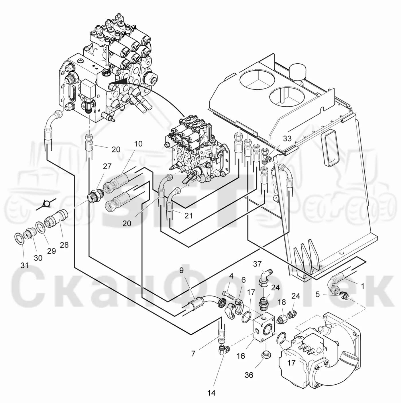 Схема: Valmet / Лесозаготовительные машины / Valmet 901.4 / Valmet 901.4 / Каталог запасных частей / Гидравлика / Клапан шасси / Система впуска-выпуска