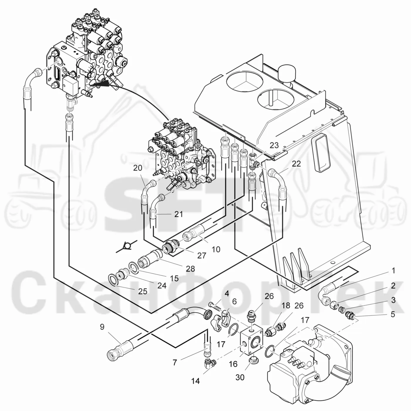 Схема: Valmet / Лесозаготовительные машины / Valmet 901TX / Valmet 901TX / Каталог запасных частей / Гидравлика / Клапан шасси / Система впуска-выпуска