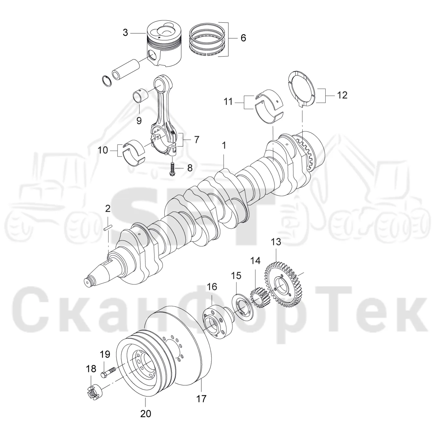 Схема: Valmet / Форвардер / Valmet 890.3 / Valmet 890.3 / Каталог запасных частей / Двигатель / Двигатель 310429- / Блок двигателя / Коленвал