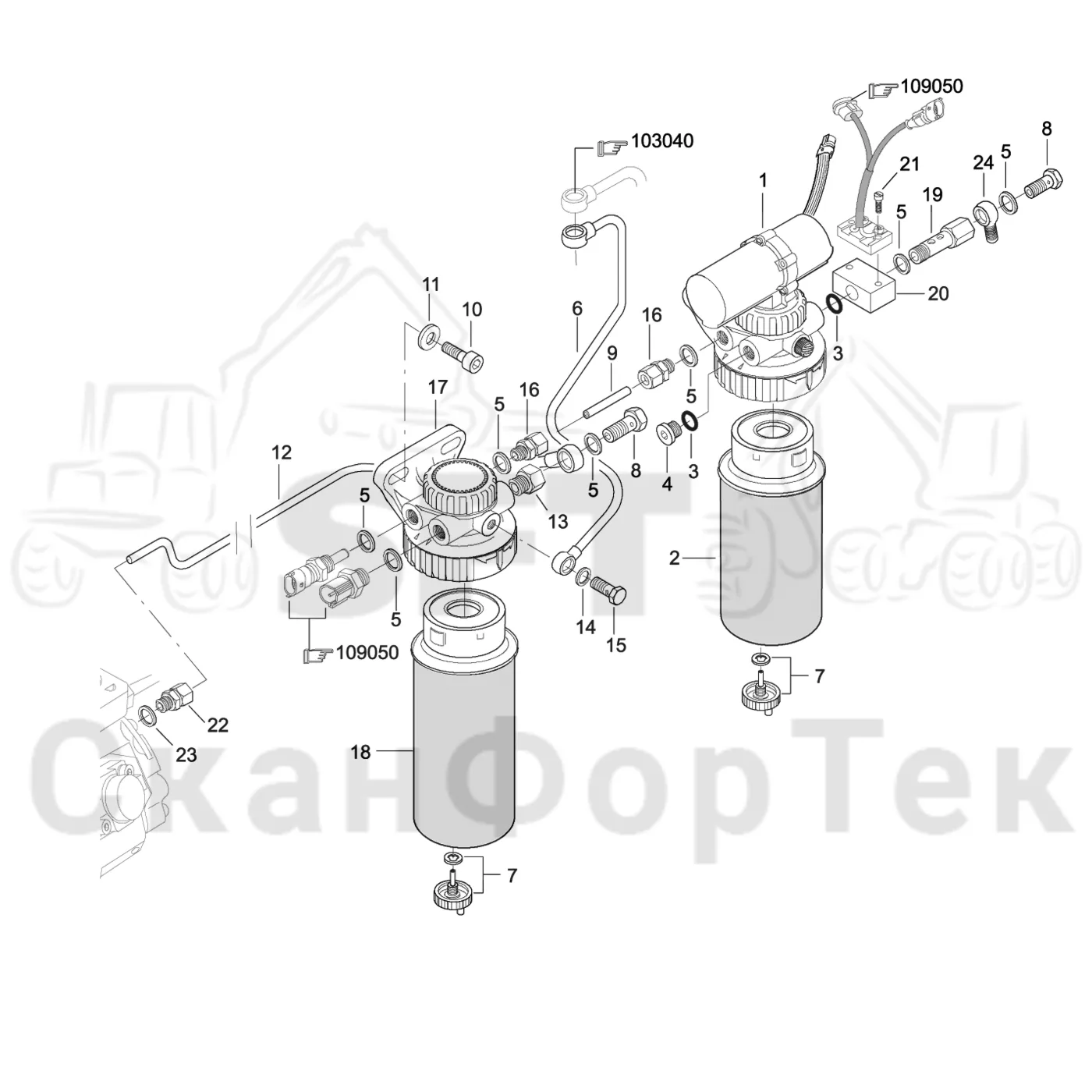 Схема: Valmet / Форвардер / Valmet 890.3 / Valmet 890.3 / Каталог запасных частей / Двигатель / Двигатель 310429- / Топливная система / Топливная система / Топливный фильтр