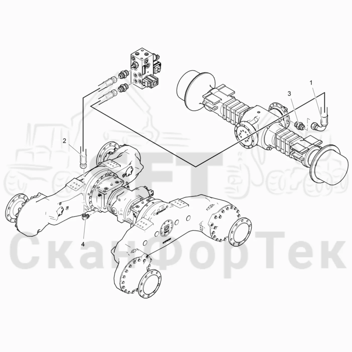 Схема: Valmet / Лесозаготовительные машины / Valmet 911.4 / Valmet 911.4 / Каталог запасных частей / Коробка передач / Блокировка дифференциала / Блокировка дифференциала на 6 колес