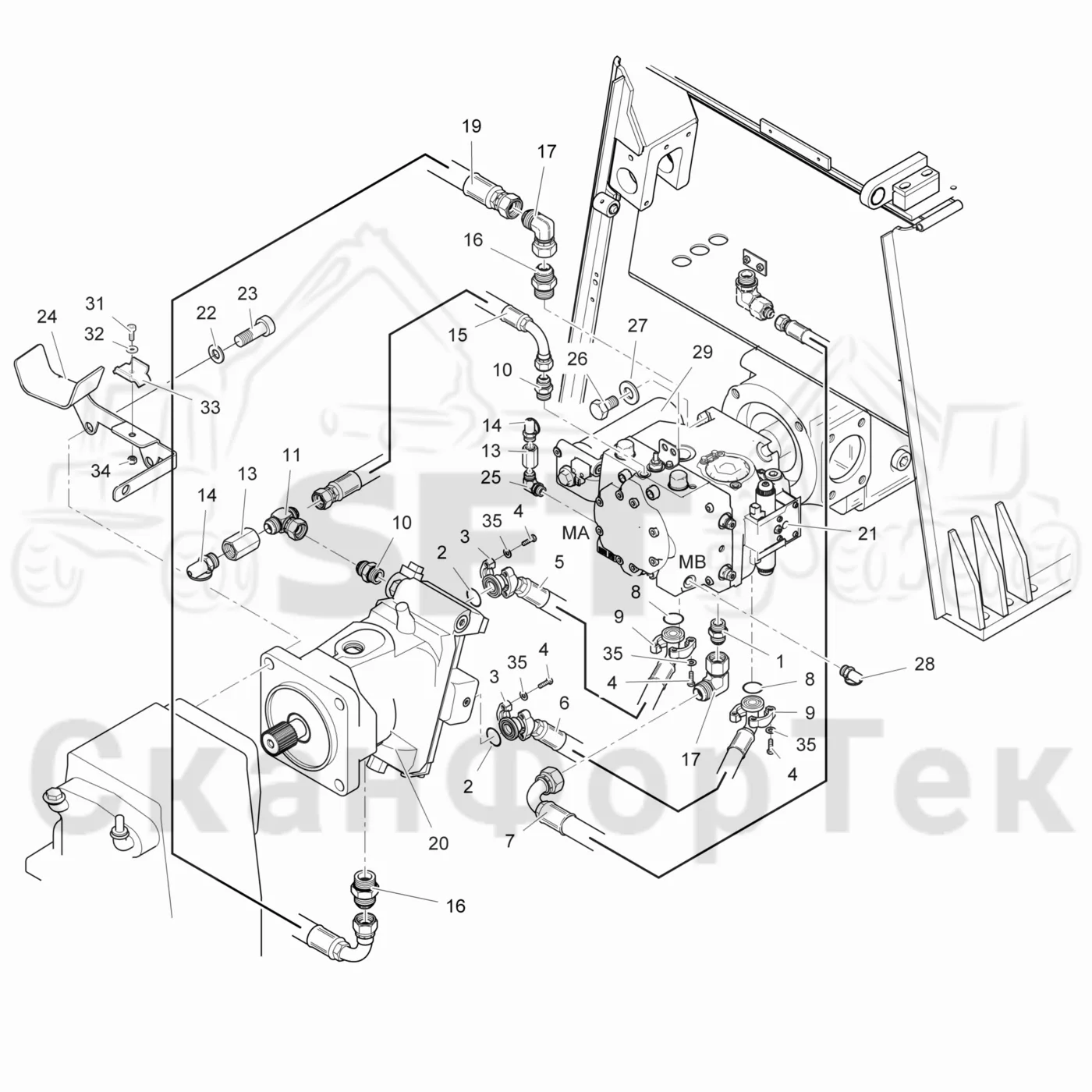 Схема: Valmet / Лесозаготовительные машины / Valmet 931 / Valmet 931 / Каталог запасных частей / Коробка передач / Гидростат / Гидравлика гидростата