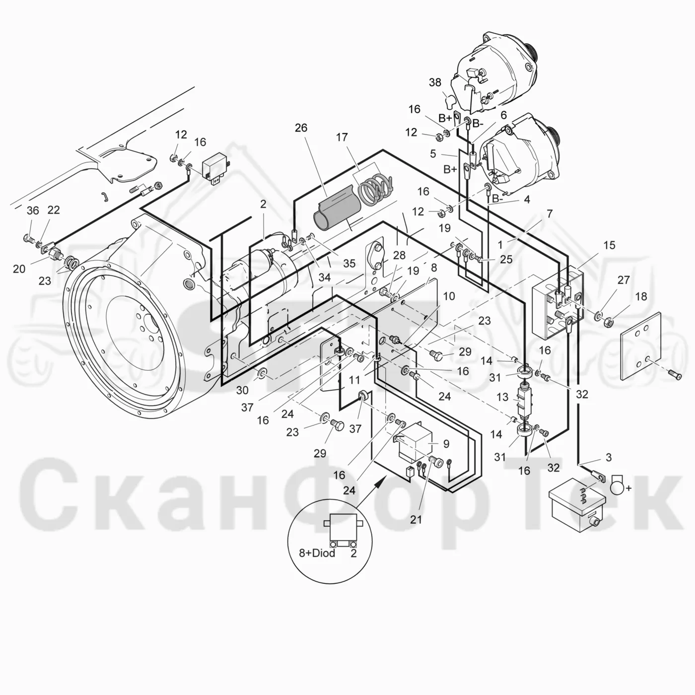Схема: Valmet / Лесозаготовительные машины / Valmet 941.1 / Valmet 941.1 / Каталог запасных частей / Двигатель / Электродвигатель стартера / Комплект электрооборудования электродвигателя стартера