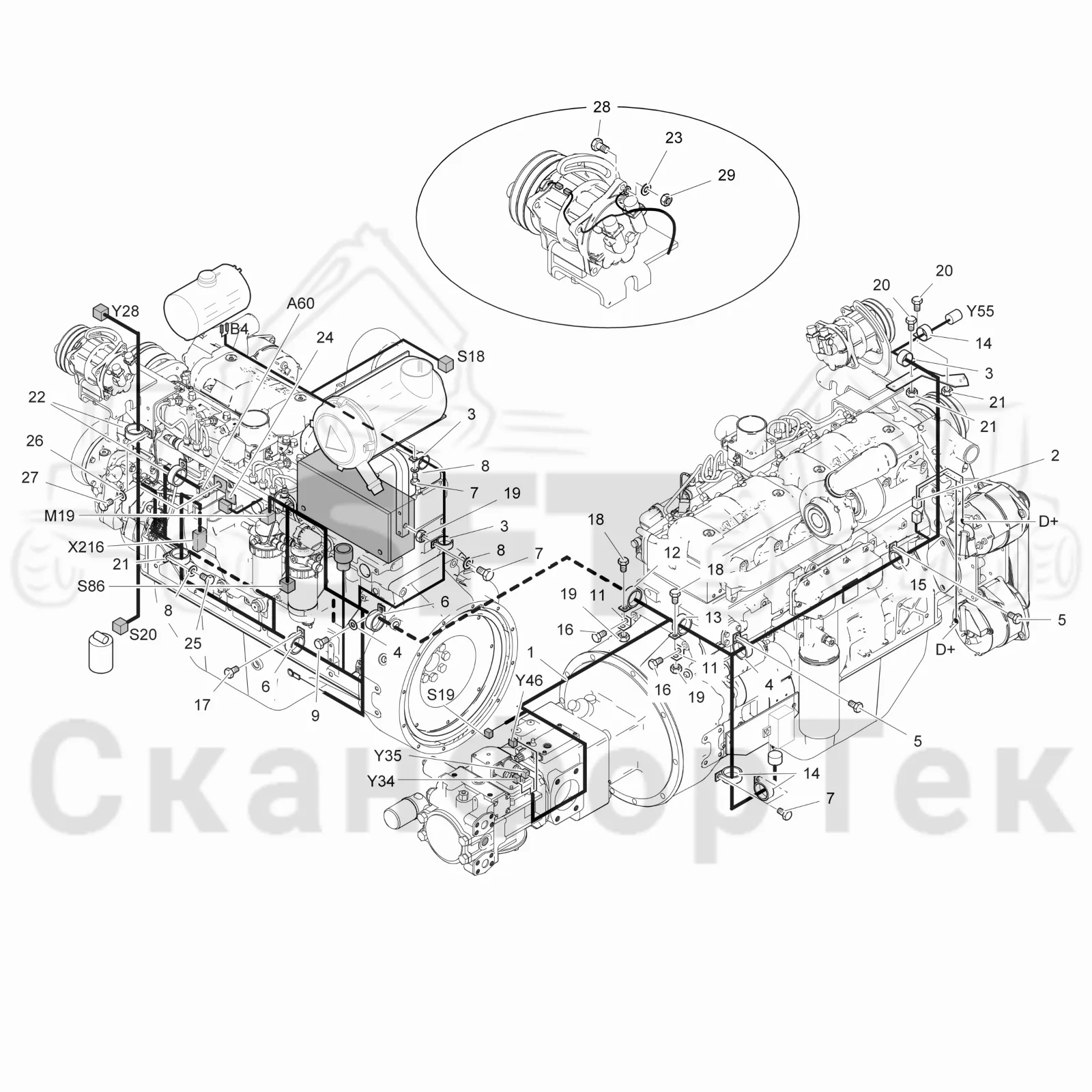Схема: Valmet / Лесозаготовительные машины / Valmet 941.1 / Valmet 941.1 / Каталог запасных частей / Двигатель / Комплект электрооборудования / Комплект кабелей двигателя