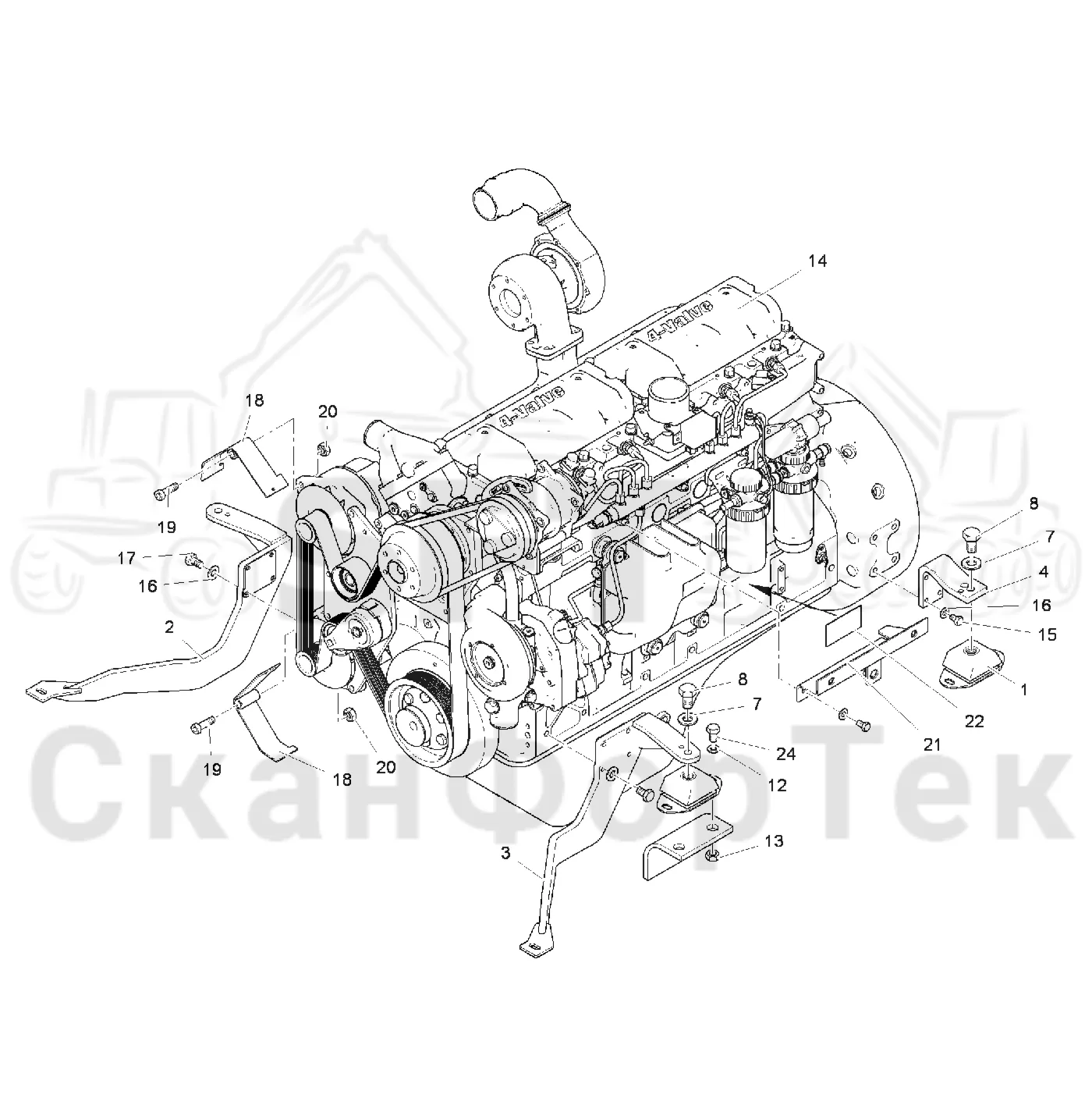 Схема: Valmet / Лесозаготовительные машины / Valmet 941.1 / Valmet 941.1 / Каталог запасных частей / Двигатель / Установка двигателя / Установка двигателя