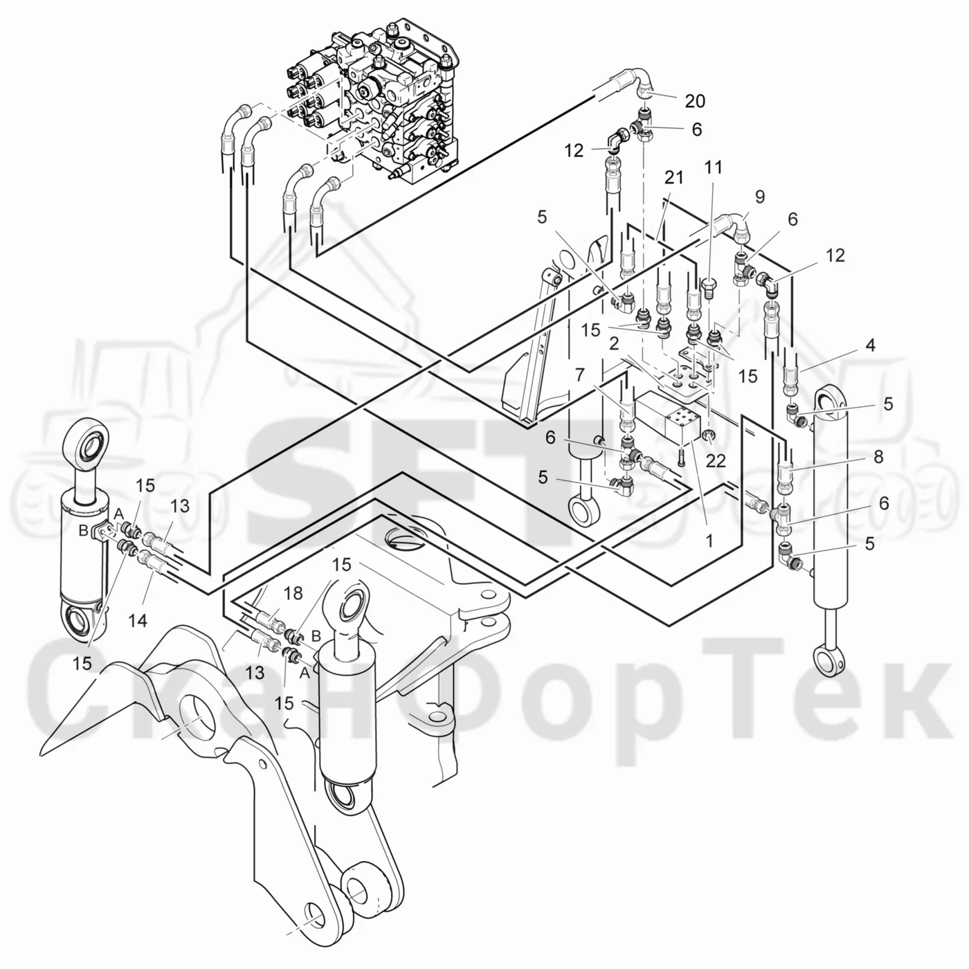 Схема: Valmet / Лесозаготовительные машины / Valmet 941.1 / Valmet 941.1 / Каталог запасных частей / шасси / Оборудование наклона / Гидравлическое оборудование наклона