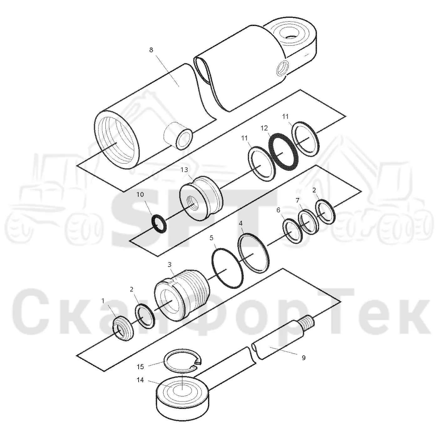 Схема: Valmet / Лесозаготовительные машины / Valmet 941.1 / Valmet 941.1 / Каталог запасных частей / Рулевое управление / Рулевое управление движением по грунту / Запасные части цилиндров рулевого управления