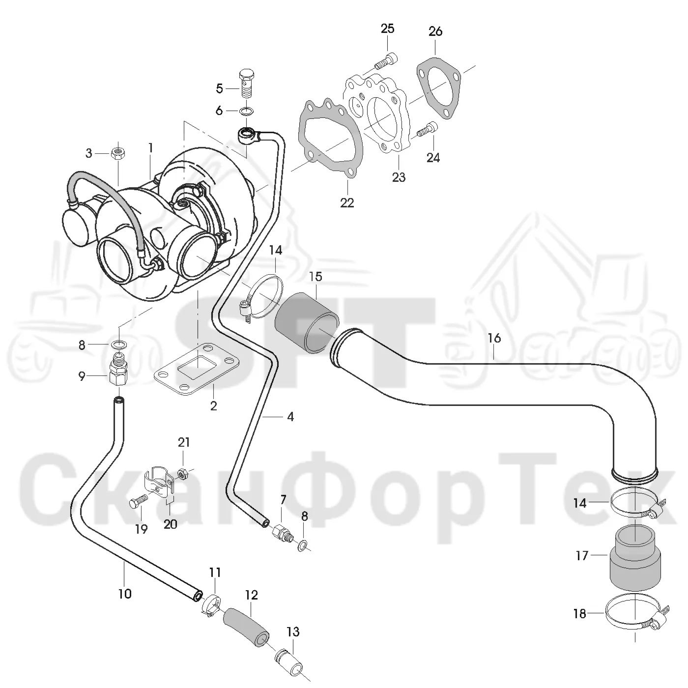 Схема: Valmet / Форвардер / Valmet 830 / Valmet 830 / Каталог запасных частей / Двигатель / Впуск - выпуск / Трубопроводы к турбоагрегату