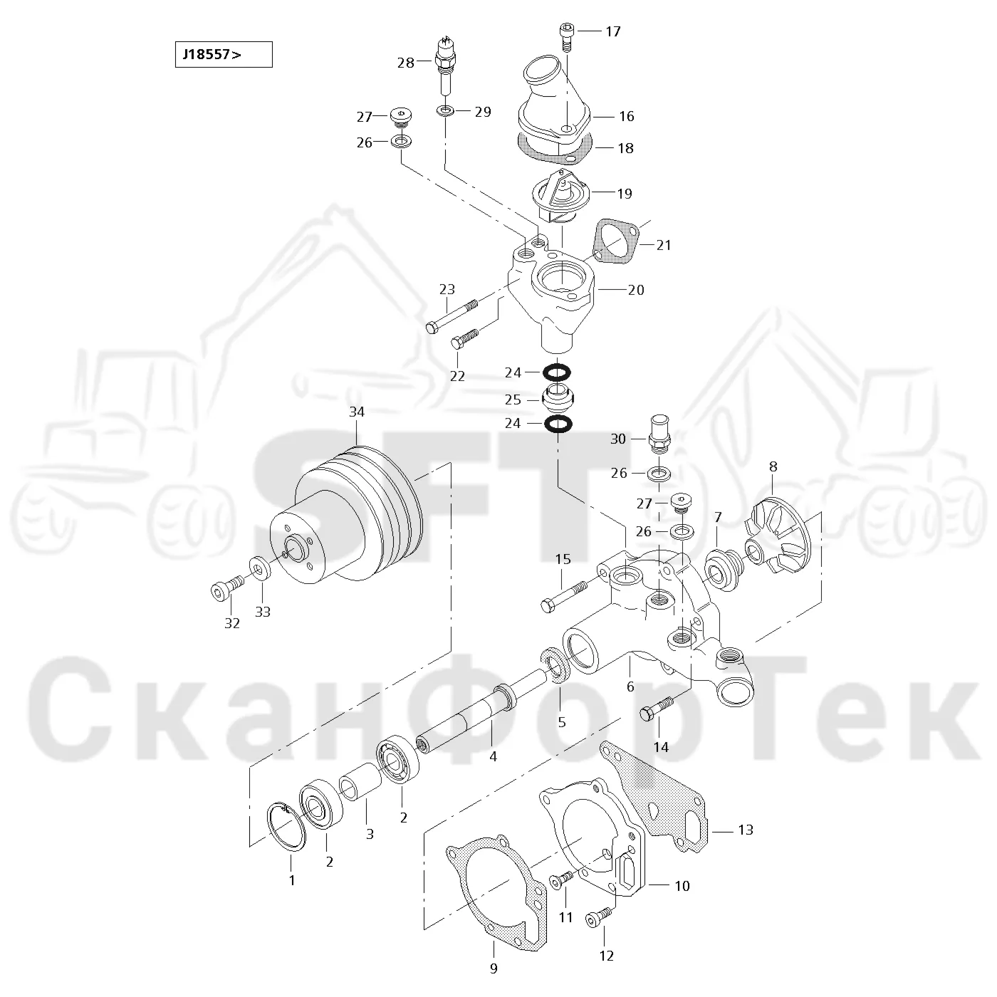 Схема: Valmet / Форвардер / Valmet 840.1 / Valmet 840.1 / Каталог запасных частей / Двигатель / Система охлаждения / Насос хладагента J18557-