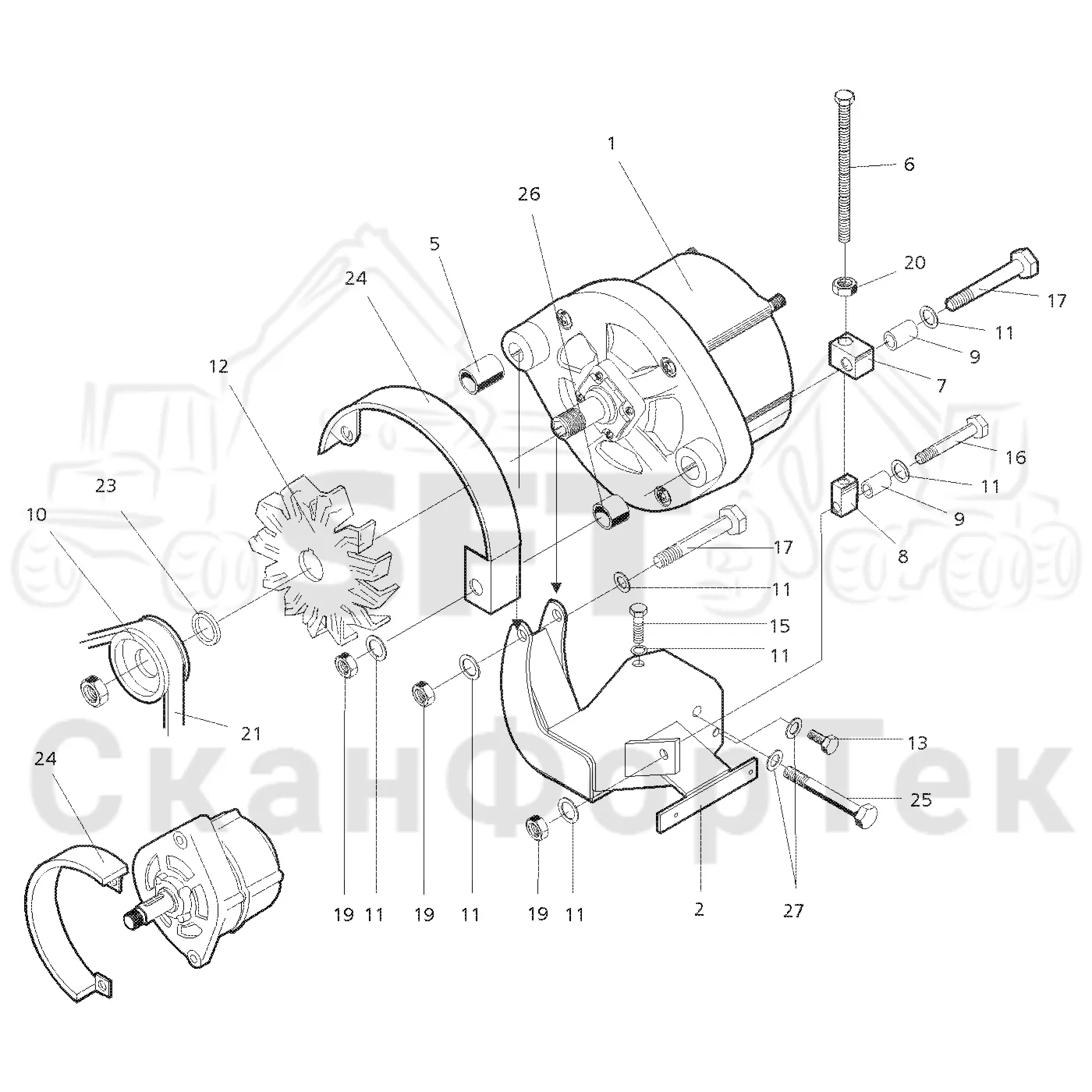 Схема: Valmet / Форвардер / Valmet 830 / Valmet 830 / Каталог запасных частей / Двигатель / Генератор переменного тока / Генератор переменного тока верхний