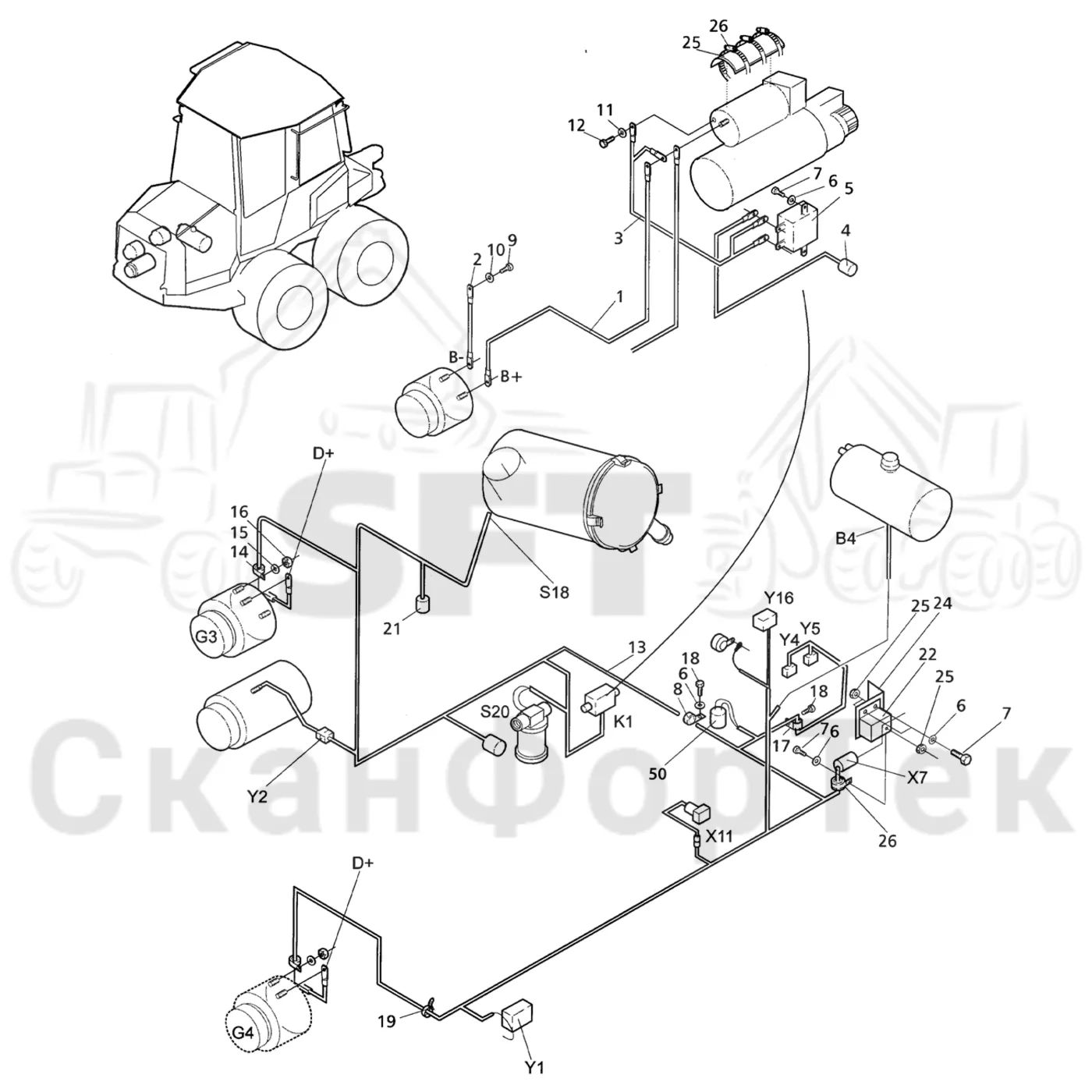 Схема: Valmet / Форвардер / Valmet 830 / Valmet 830 / Каталог запасных частей / Двигатель / Электрический / Комплект кабелей двигателя