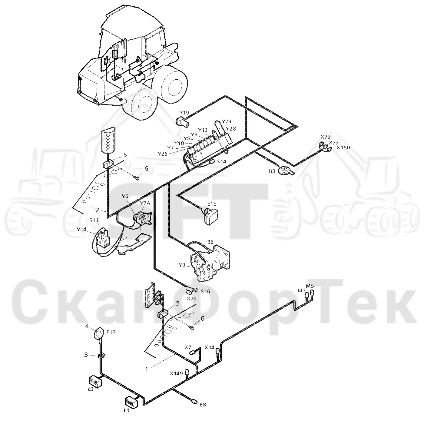 Схема: Valmet / Форвардер / Valmet 830 / Valmet 830 / Каталог запасных частей / шасси / Электрический Оборудование / Комплект кабелей передней рамы