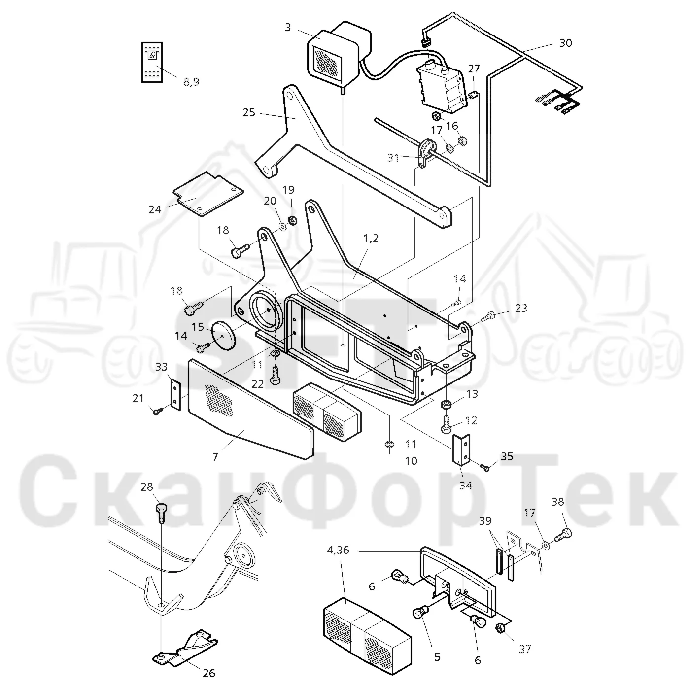 Схема: Valmet / Форвардер / Valmet 830 / Valmet 830 / Каталог запасных частей / шасси / Электрический Оборудование / Рабочие лампы, ксеноновые