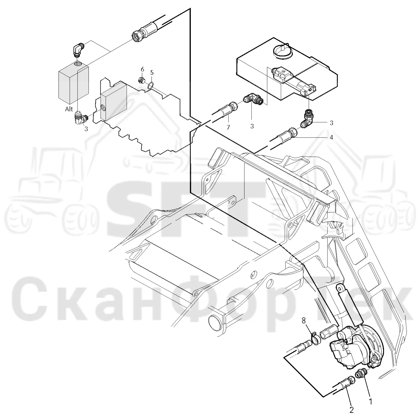 Схема: Valmet / Лесозаготовительные машины / Valmet 941 / Valmet 941 Ch 12071- / Valmet 941 Ch 12071- / Каталог запасных частей / Лесозаготовительное оборудование / Головка лесозаготовительной машины / Valmet 370 E / Valmet 370 E / Valmet 370 E Ch. -11170 / Каталог запасных частей / Резка / Масленка Eco системы смазки цепи