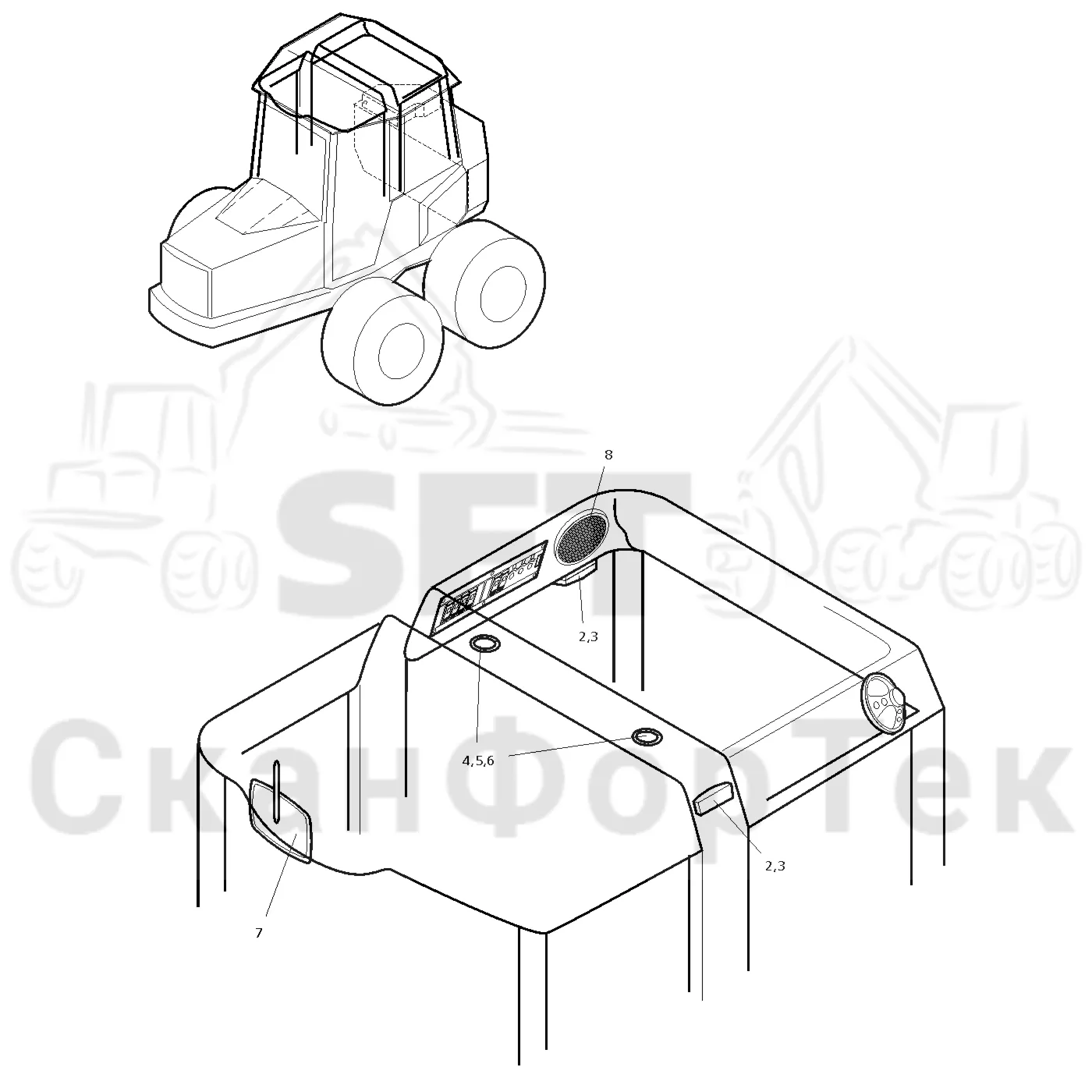 Схема: Valmet / Форвардер / Valmet 830.1 / Valmet 830.1 / Каталог запасных частей / Кабина / Салон / Внутренняя крыша