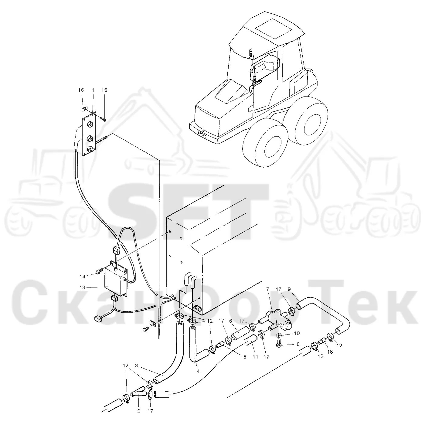 Схема: Valmet / Форвардер / Valmet 840.2 / Valmet 840.2  Ch. -211120 / Valmet 840.2  Ch. -211120 / Каталог запасных частей / Кабина / Система обогрева и охлаждения / Обогревание кабины, управление кондиционером/Подогреватель Thermo 90 ST