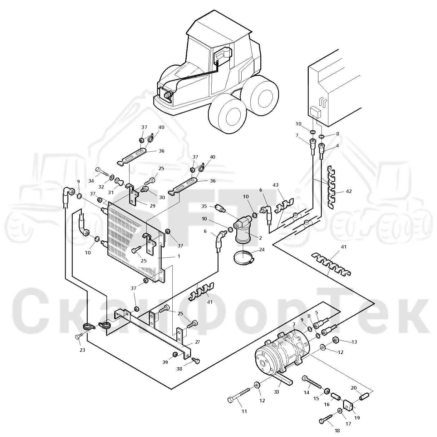 Схема: Valmet / Форвардер / Valmet 830 / Valmet 830 / Каталог запасных частей / Кабина / Система обогрева и охлаждения / Агрегат кондиционирования воздуха