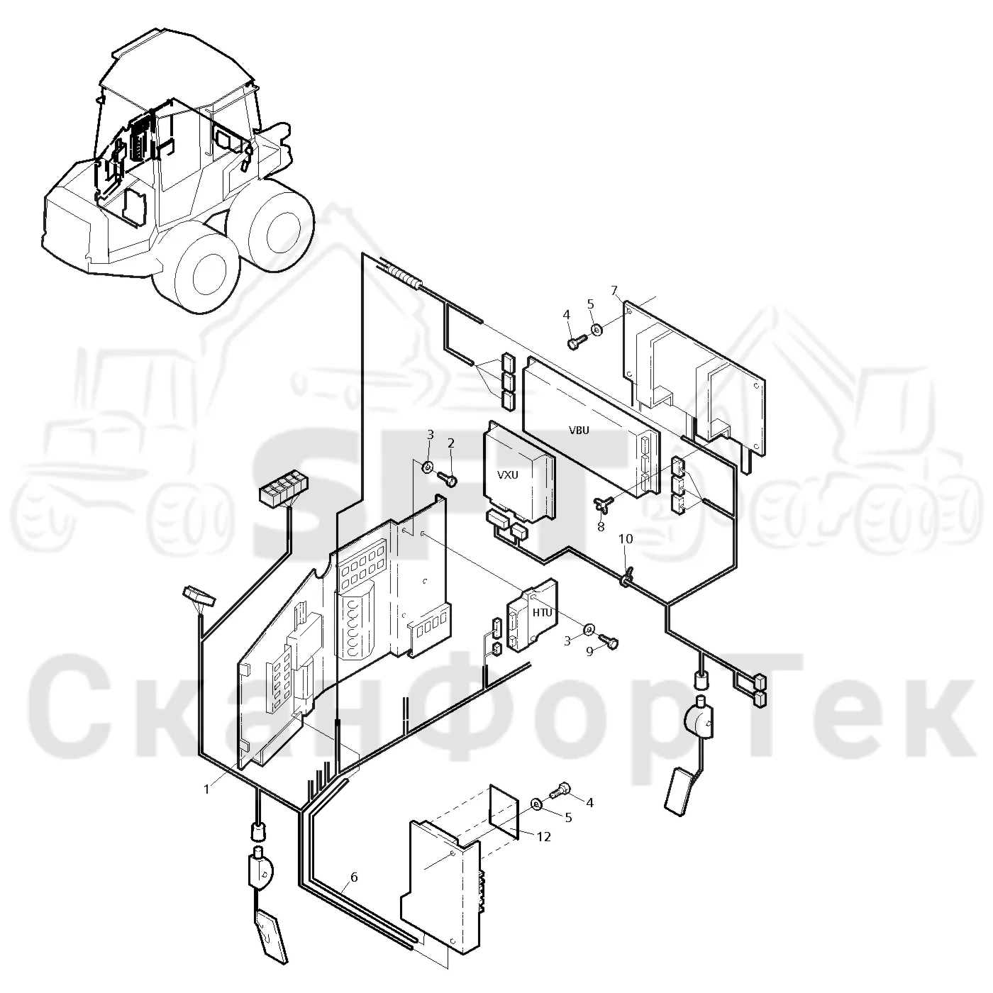 Схема: Valmet / Форвардер / Valmet 830 / Valmet 830 / Каталог запасных частей / Кабина / Электрический / Комплект электрооборудования кабины