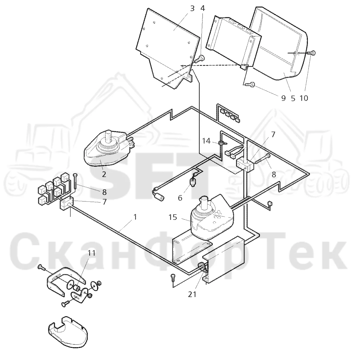 Схема: Valmet / Форвардер / Valmet 890.1 / Valmet 890.1 Ch. 117351-, 119441- / Valmet 890.1 Ch. 117351-, 119 / Каталог запасных частей / Система управления / Регулятор / Электрооборудование рычажного устройства