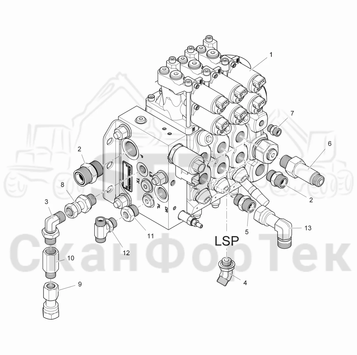 Схема: Komatsu / Лесозаготовительные машины / 901TX .1 / Каталог запасных частей / Гидравлика / Клапан шасси / Клапан шасси