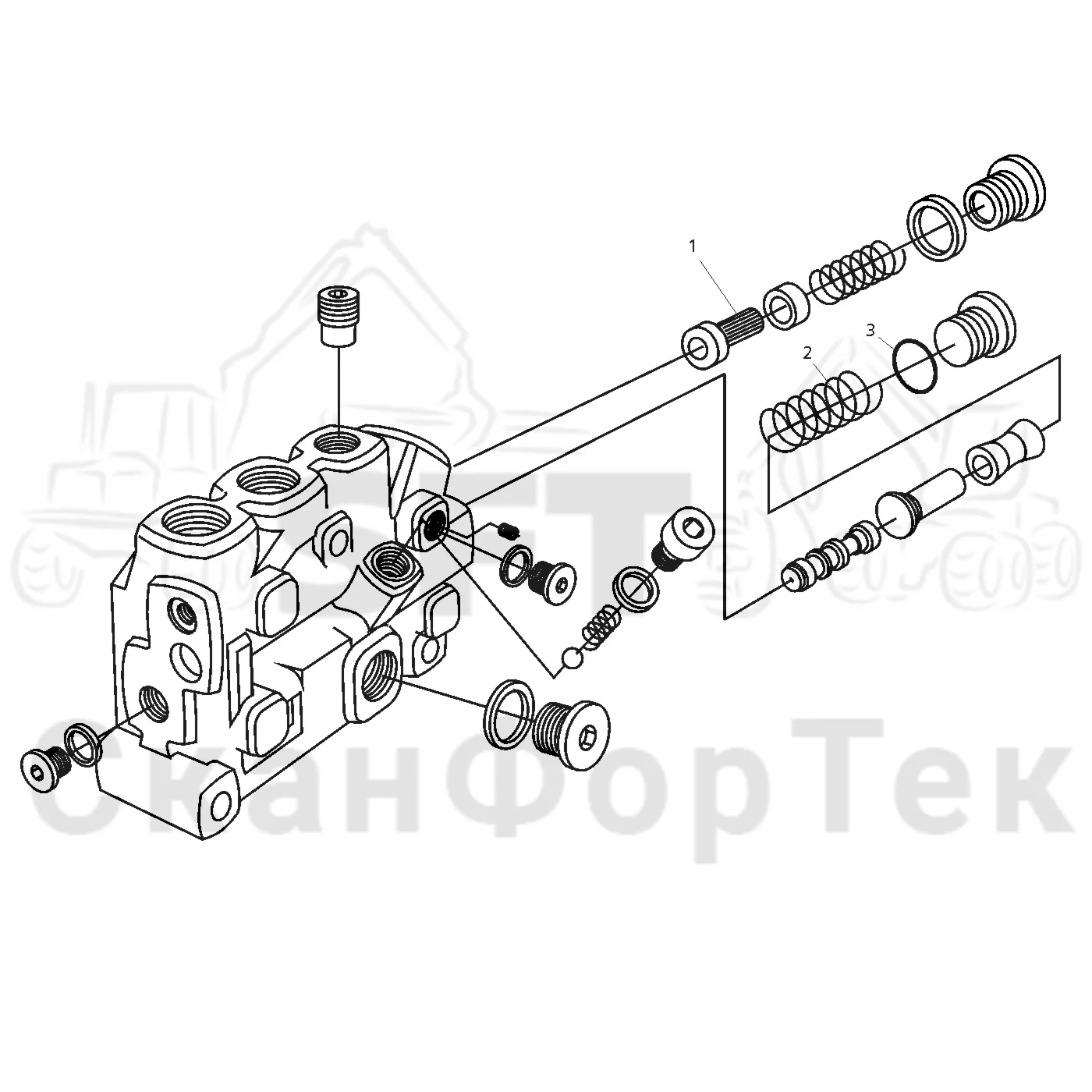 Схема: Valmet / Форвардер / Valmet 890.1 / Valmet 890.1 Ch. -117350, -119440 / Valmet 890.1 Ch. -117350, -11 / Каталог запасных частей / Гидравлика / Узел клапана / Торцевая секция