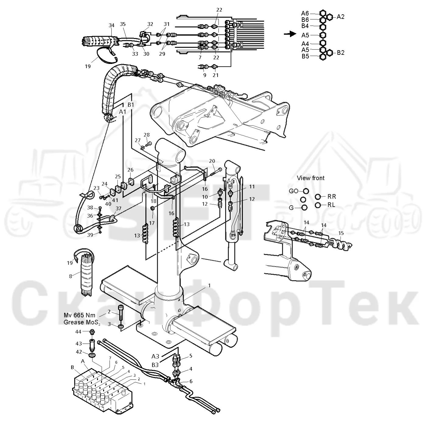 Схема: Valmet / Форвардер / Valmet 830 / Valmet 830 / Каталог запасных частей / Подъемный кран / Подвод шланга / Подвод шланга к подъемному крану CRF 5