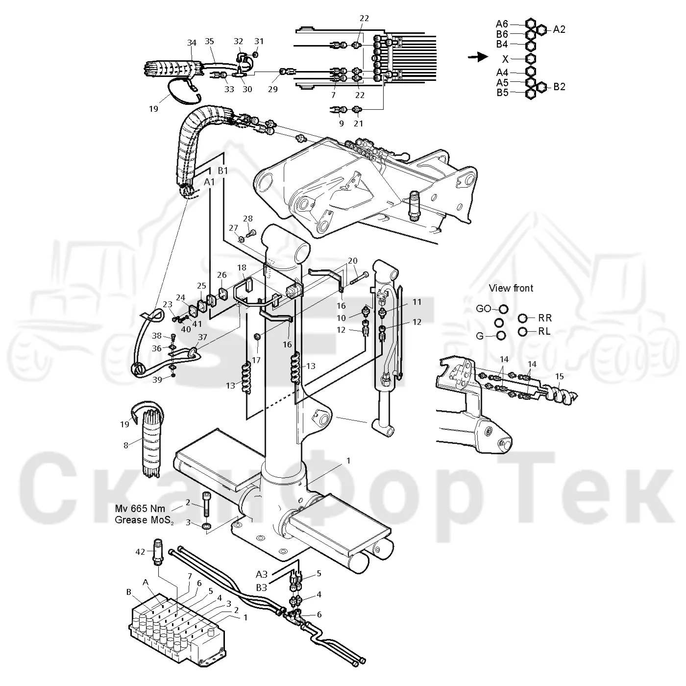 Схема: Valmet / Форвардер / Valmet 830.1 / Valmet 830.1 / Каталог запасных частей / Подъемный кран / Подвод шланга / Подвод шланга к подъемному крану CRF 5C