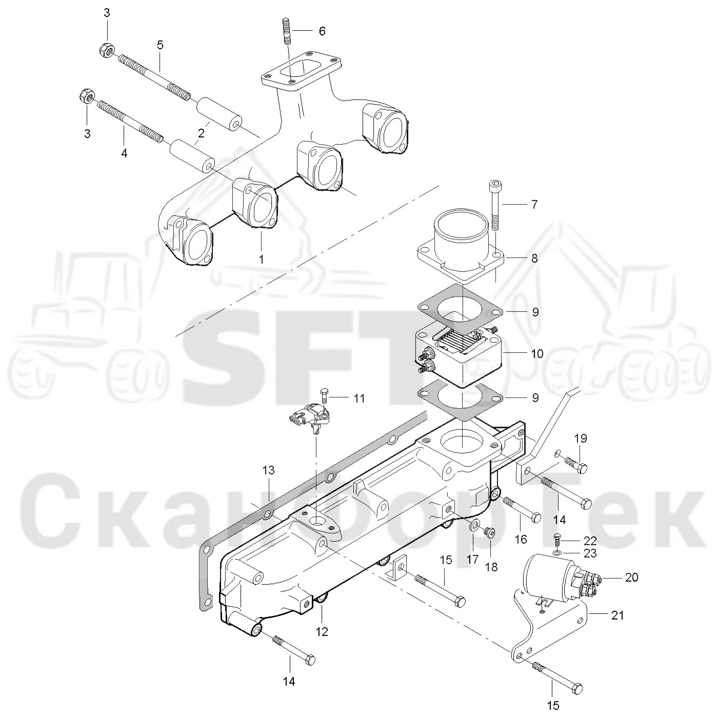 Схема: Valmet / Форвардер / Valmet 830.1 / Valmet 830.1 / Каталог запасных частей / Двигатель / Впуск - выпуск / Впускной и выпускной коллектор
