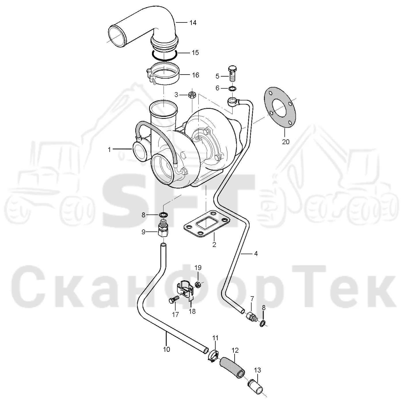 Схема: Valmet / Форвардер / Valmet 830.1 / Valmet 830.1 / Каталог запасных частей / Двигатель / Впуск - выпуск / Трубопроводы к турбоагрегату