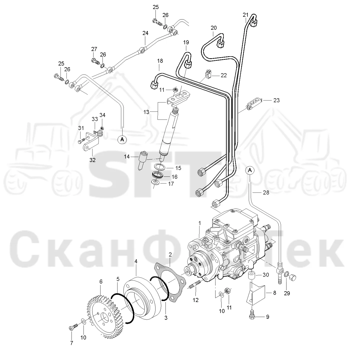 Схема: Valmet / Форвардер / Valmet 830.1 / Valmet 830.1 / Каталог запасных частей / Двигатель / Топливная система / Инжекторный насос