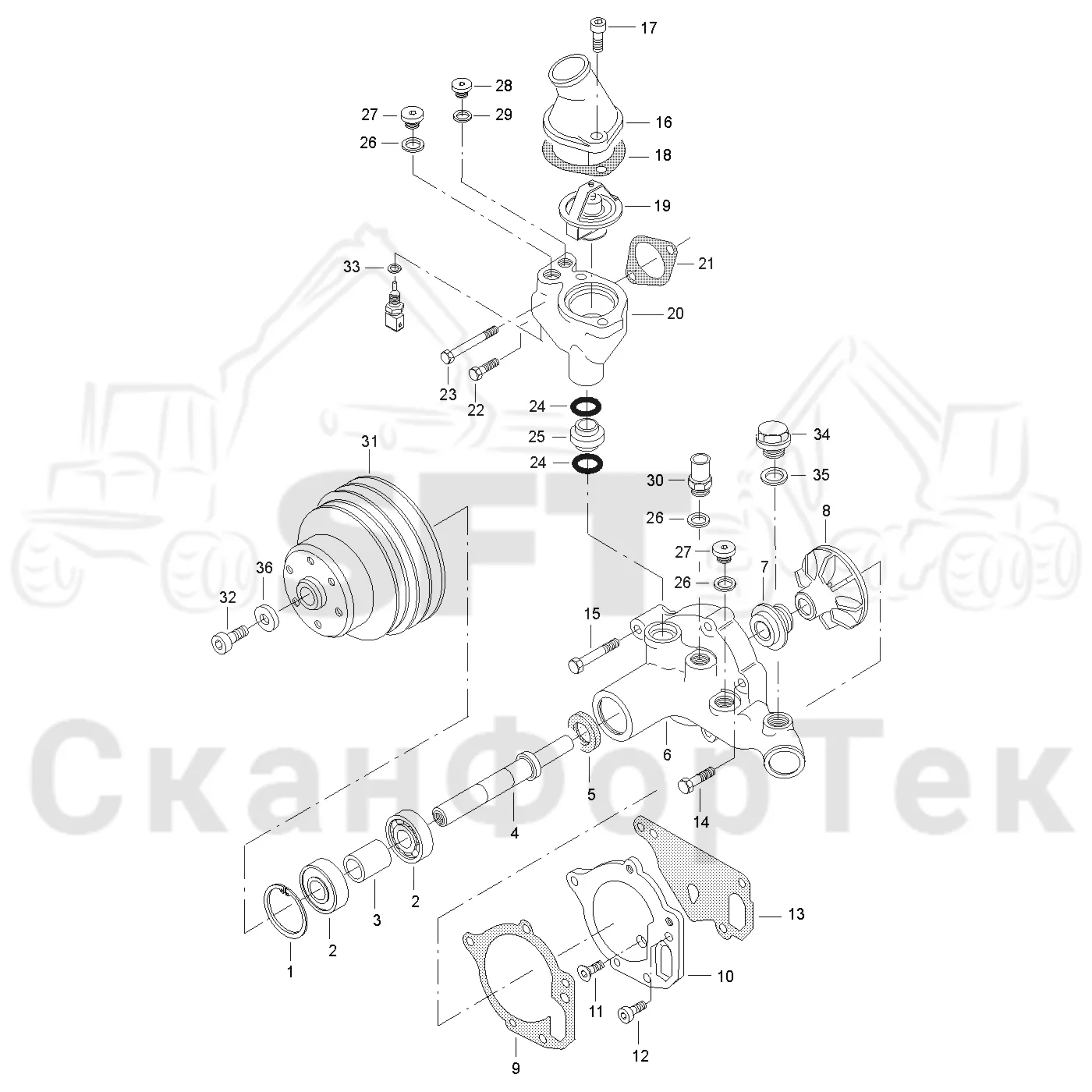 Схема: Valmet / Форвардер / Valmet 830.3 / Valmet 830.3 / Каталог запасных частей / Двигатель / Двигатель -311171 / Система охлаждения / Насос хладагента
