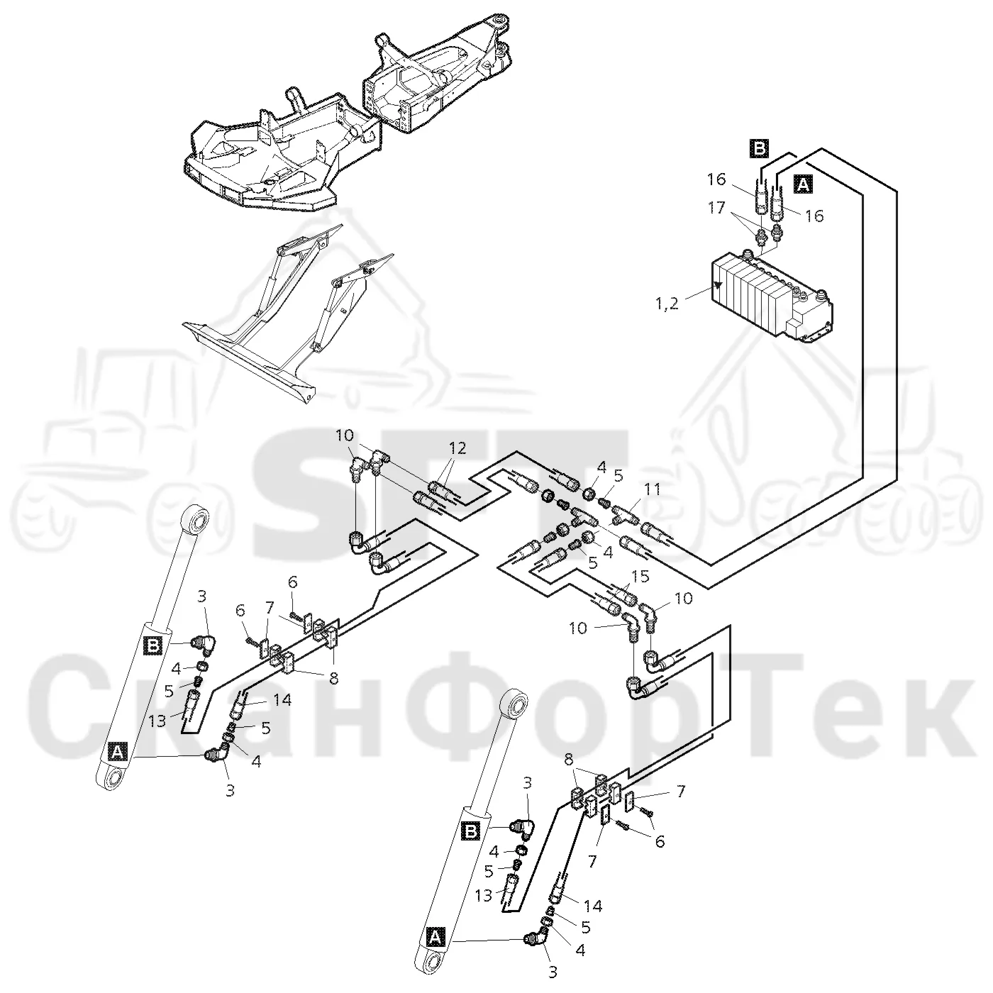 Схема: Valmet / Форвардер / Valmet 830.1 / Valmet 830.1 / Каталог запасных частей / шасси / Строгальное лезвие / Гидравлическое оборудование строгального лезвия