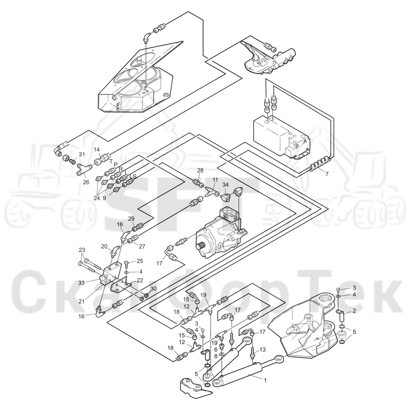 Схема: Valmet / Форвардер / Valmet 830.3 / Valmet 830.3 / Каталог запасных частей / Рулевое управление / Рулевое управление движением по грунту / Рулевое управление с системой Orbitrol / Рулевое управление с системой Orbitrol