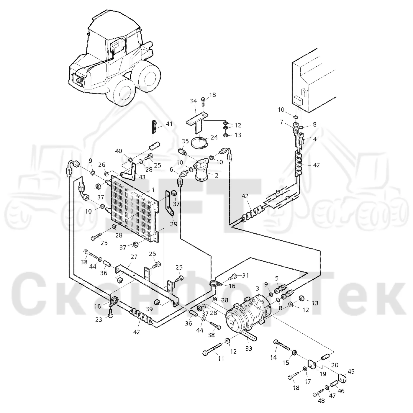 Схема: Valmet / Форвардер / Valmet 830.1 / Valmet 830.1 / Каталог запасных частей / Кабина / Система обогрева и охлаждения / Агрегат кондиционирования воздуха