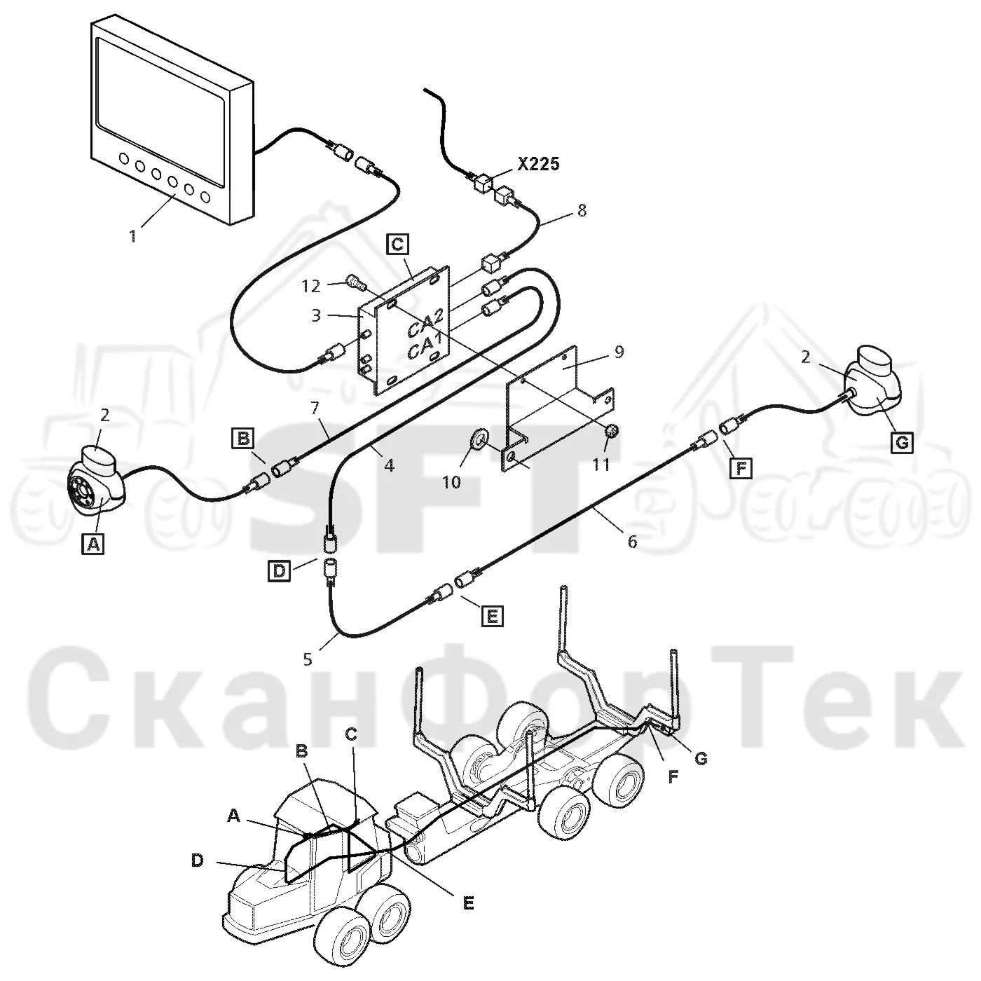 Схема: Valmet / Форвардер / Valmet 840.2 / Valmet 840.2  Ch. 211121- / Valmet 840.2  Ch. 211121- / Каталог запасных частей / Кабина / камера заднего вида / Электрооборудование камера заднего вида
