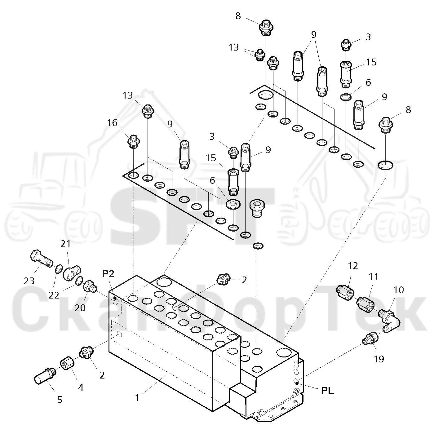 Схема: Valmet / Форвардер / Valmet 830.3 / Valmet 830.3 / Каталог запасных частей / Гидравлика / Узел клапана / Узел клапана Подъемник каретки