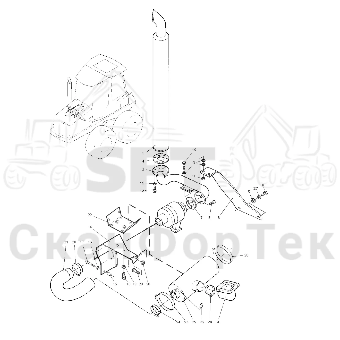 Схема: Valmet / Форвардер / Valmet 840.1 / Valmet 840.1 / Каталог запасных частей / Двигатель / Впуск - выпуск / Система впуска и выхлопа