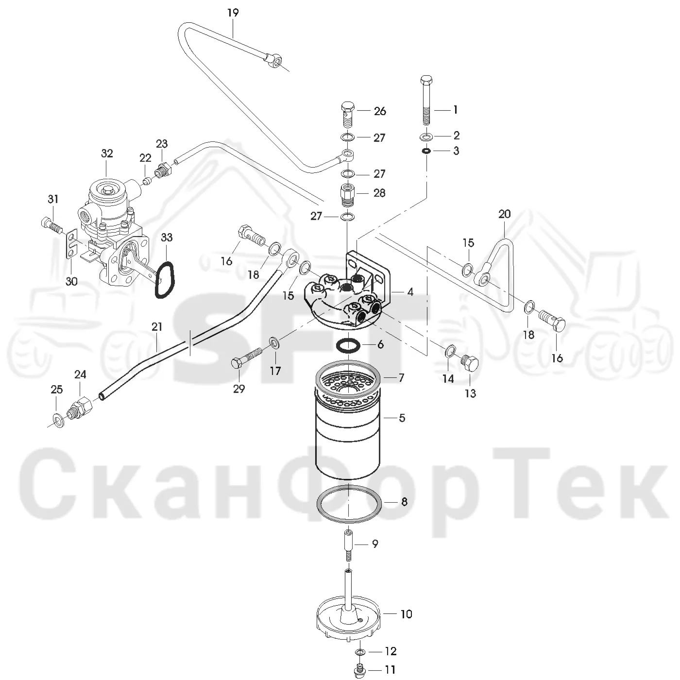 Схема: Valmet / Форвардер / Valmet 840.3 / Valmet 840.3 Ch. -311173 / Valmet 840.3 Ch. -311173 / Каталог запасных частей / Оборудование захвата / Захват / Valmet 801c Ch -11730 / Каталог запасных частей / Двигатель / Топливная система / Топливный фильтр
