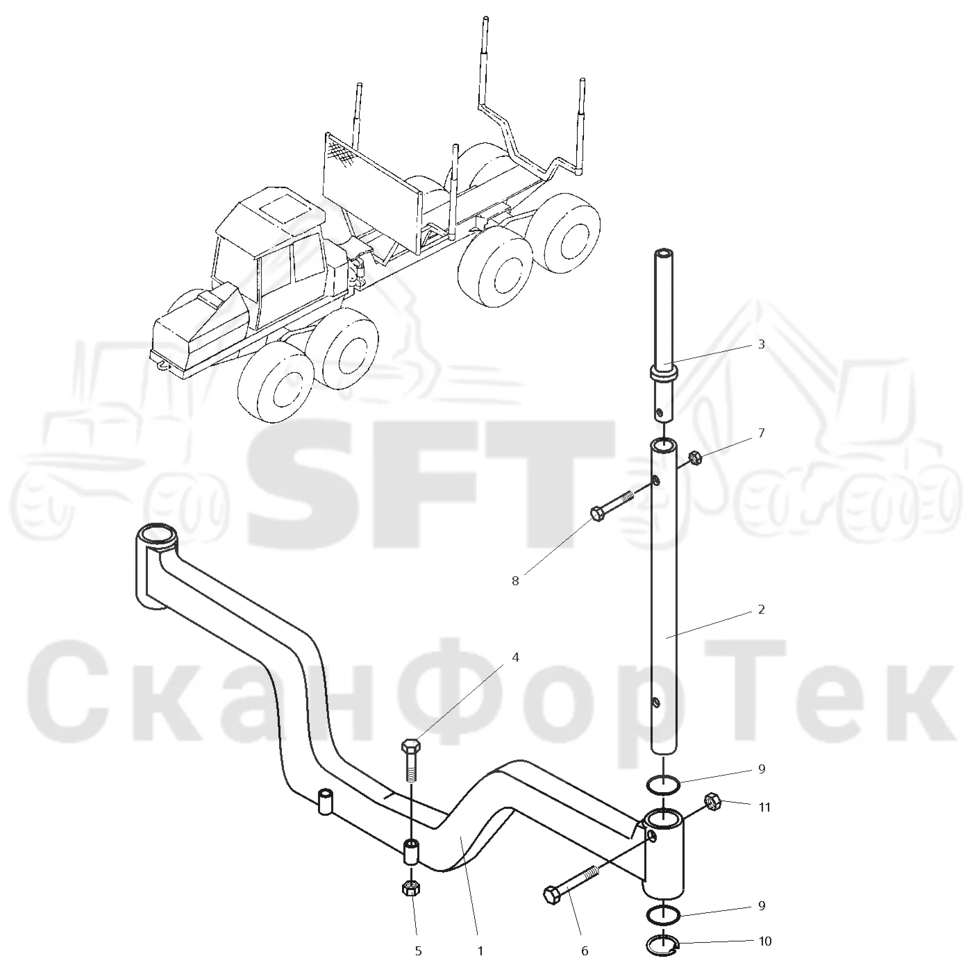 Схема: Valmet / Форвардер / Valmet 840.2 / Valmet 840.2 Ch. 211121- / Valmet 840.2 Ch. 211121- / Каталог запасных частей / шасси / Зона погрузки / Коники и опоры / Коники и опоры
