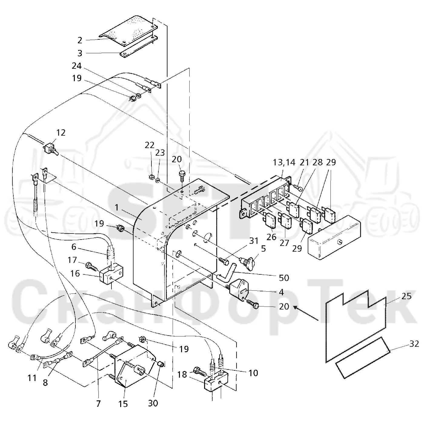 Схема: Valmet / Форвардер / Valmet 860.1 / Valmet 860.1 Ch. 115421- / Valmet 860.1 Ch. 115421- / Каталог запасных частей / шасси / Электрический Оборудование / Разъединитель аккумуляторной батареи