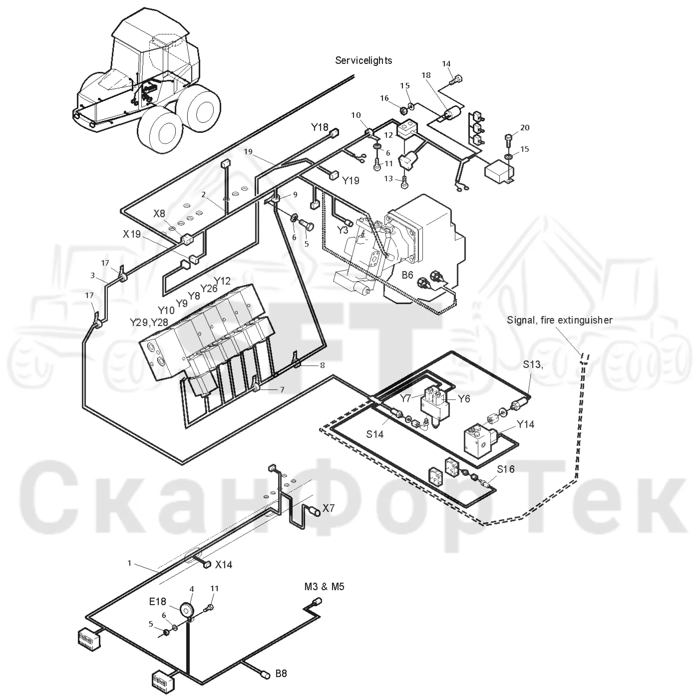 Схема: Valmet / Форвардер / Valmet 840.2 / Valmet 840.2 Ch. -211120 / Valmet 840.2 Ch. -211120 / Каталог запасных частей / шасси / Электрический Оборудование / Комплект кабелей передней рамы