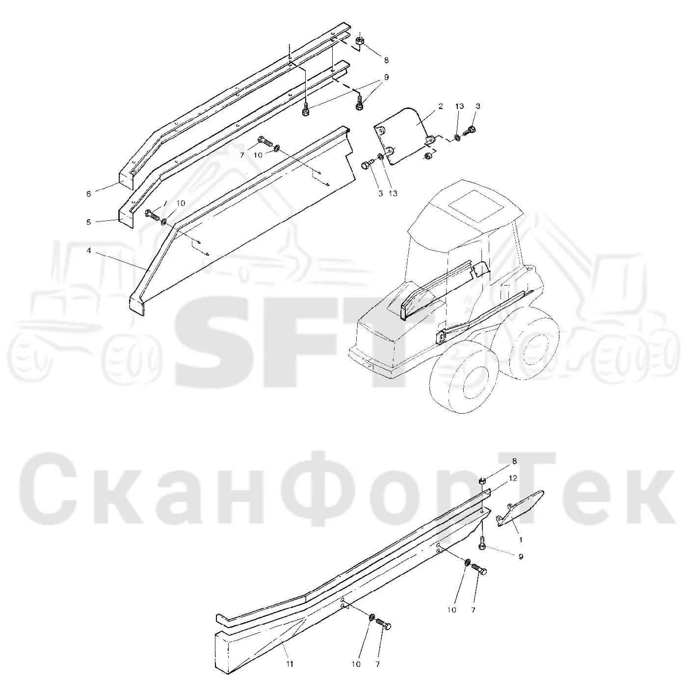 Схема: Valmet / Форвардер / Valmet 840.2 / Valmet 840.2 Ch. -211120 / Valmet 840.2 Ch. -211120 / Каталог запасных частей / шасси / Капоты и крышки / Защитные крышки под кабиной